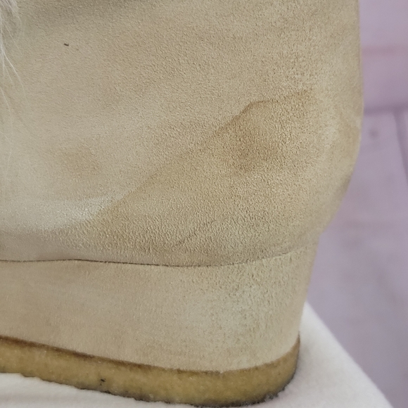 Rue Du Jour Ankle Boots Womens 38 Suede Leather Taupe Nude Fur Trim Wedge Heel - Picture 8 of 9